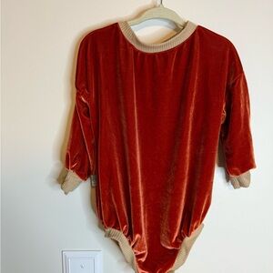 Cozy Rust Velvet Baby Bodysuit with Cream Trim